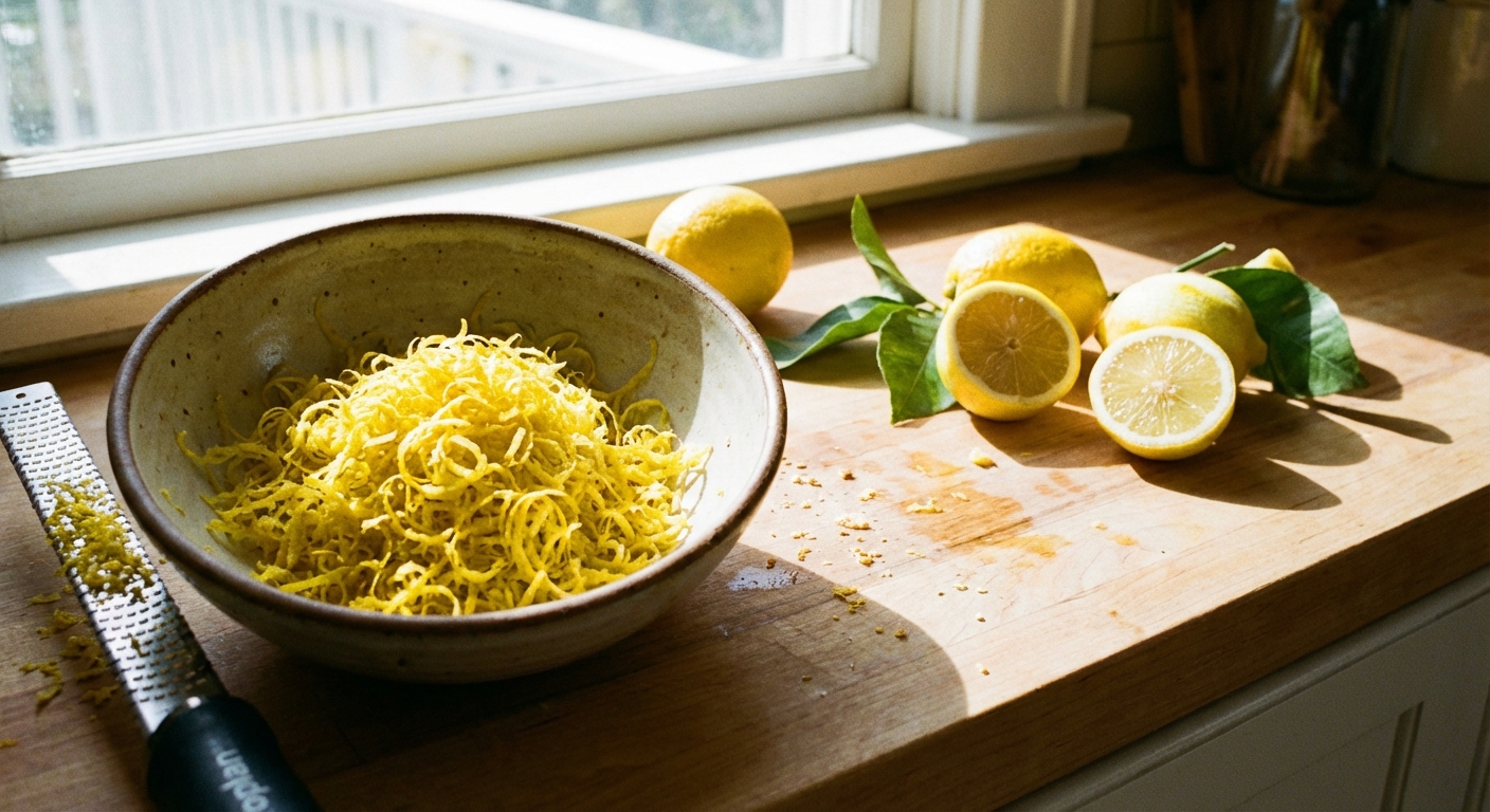 A close-up photo of fresh lemon zest in a small bowl next to a microplane and whole lemons on a kitchen counter, bright natural light
