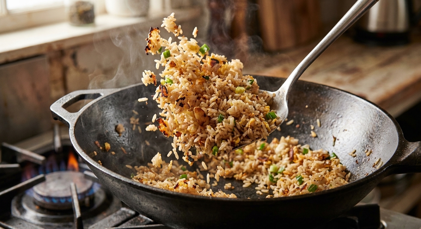 A close-up photo of fried rice being tossed in a hot skillet with a spatula, showing separated rice grains and browned bits