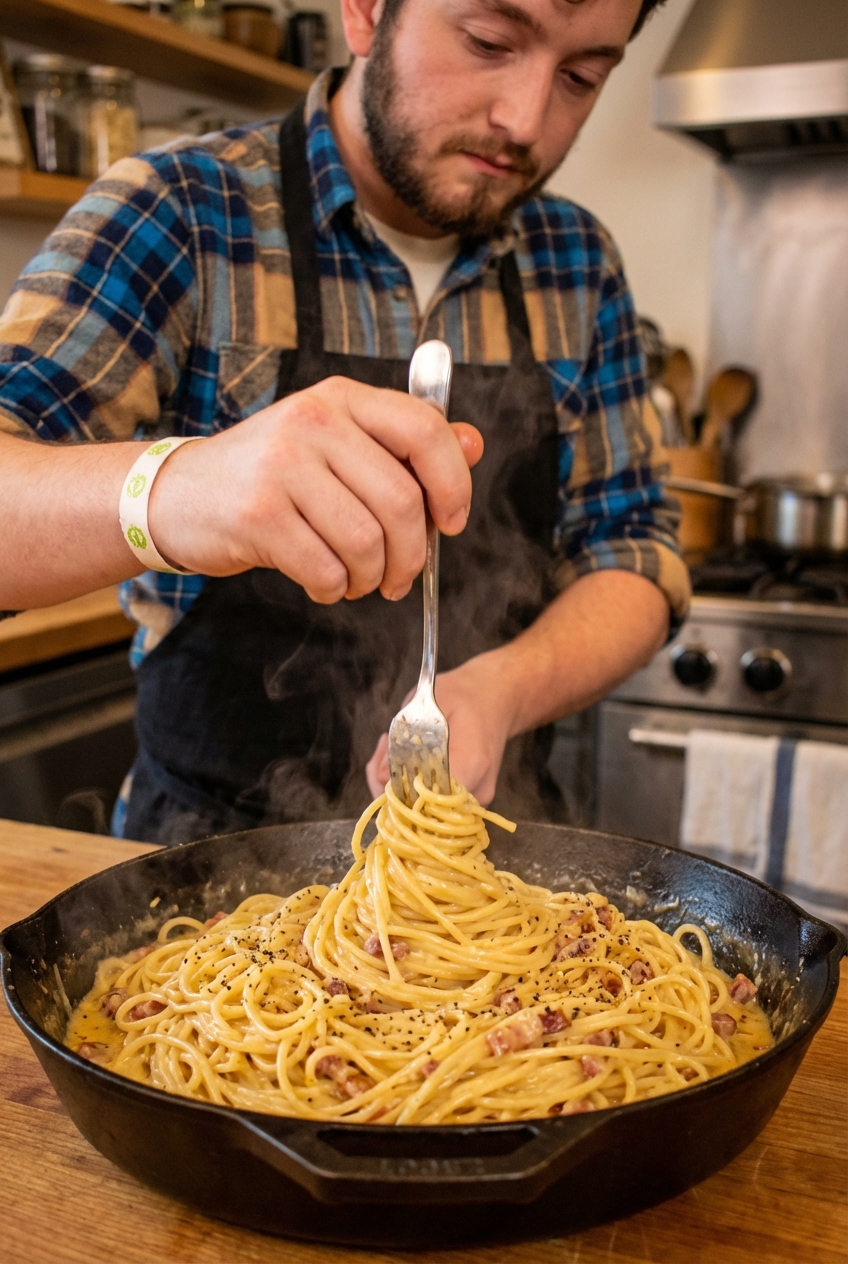 A close-up photo of glossy spaghetti coated in carbonara sauce being twirled with a fork in a warm skillet