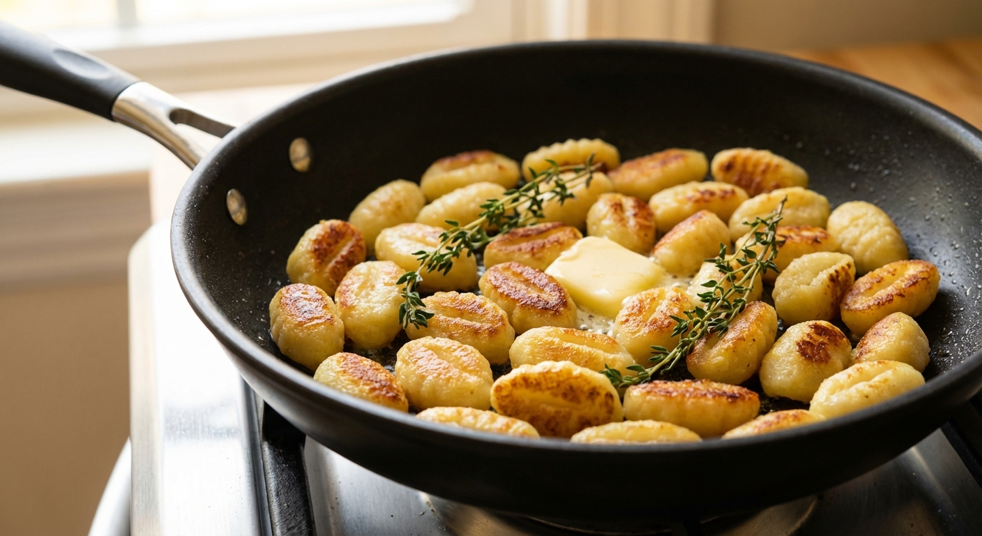 A close-up photo of gnocchi with crisp browned edges in a nonstick skillet