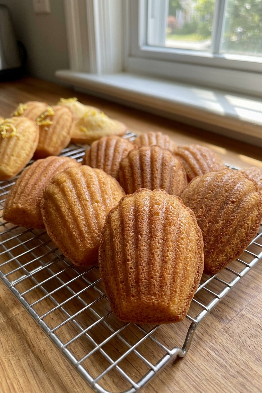 A close-up photo of golden French madeleines with defined shell ridges cooling on a wire rack, with a few lemon-zested madeleines in the background, natural window light