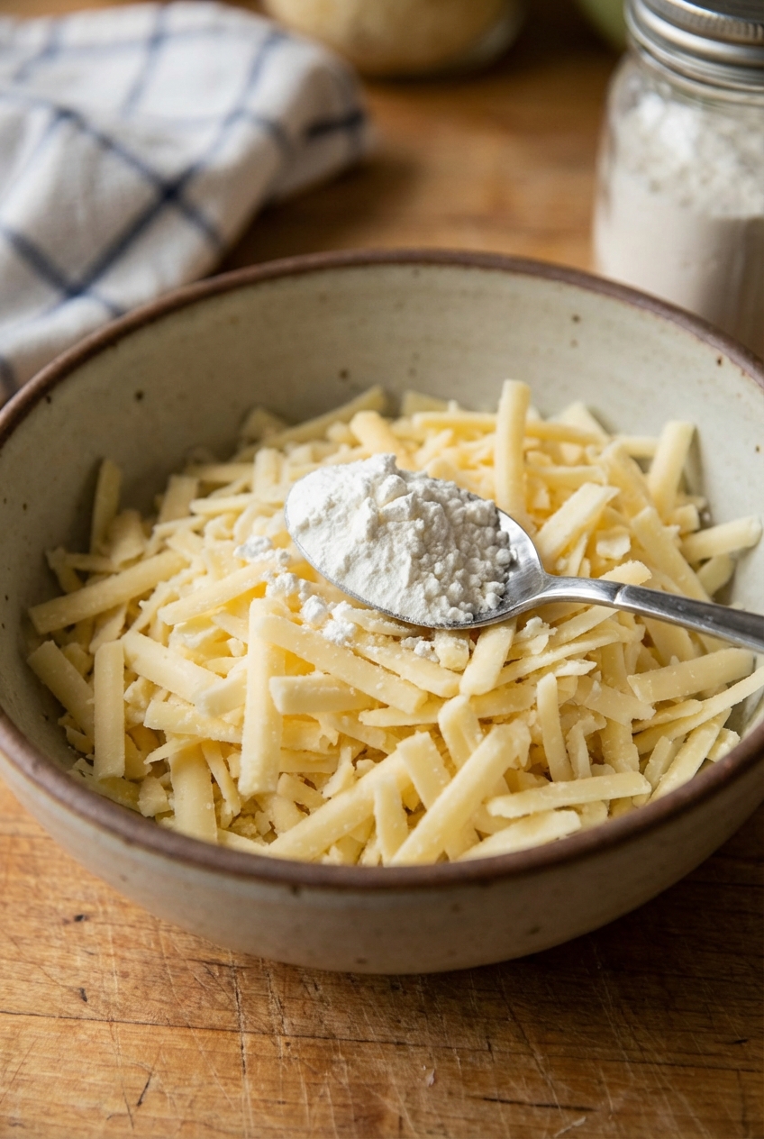 A close-up photo of grated Gruyère and Swiss cheese in a bowl with a small spoonful of cornstarch on top