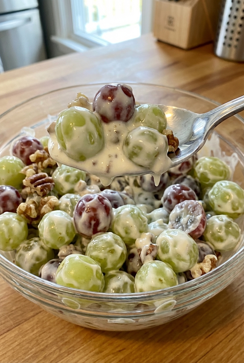 A close-up photo of green and red grapes coated in a creamy dressing with a spoon scooping a portion