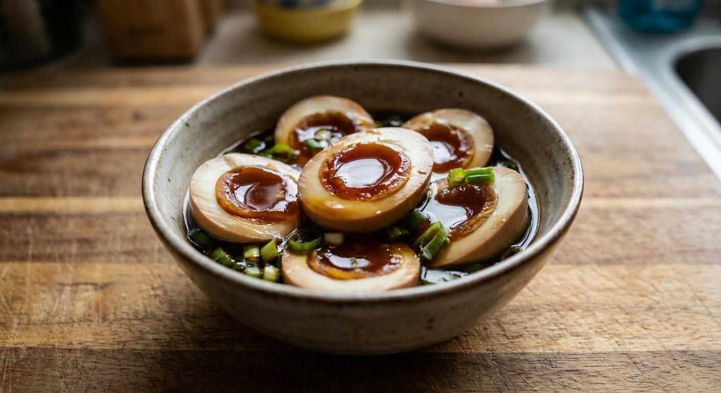 A close-up photo of halved ajitama ramen eggs with glossy jammy yolks, resting in a small bowl of soy mirin marinade with scallions on a wooden countertop