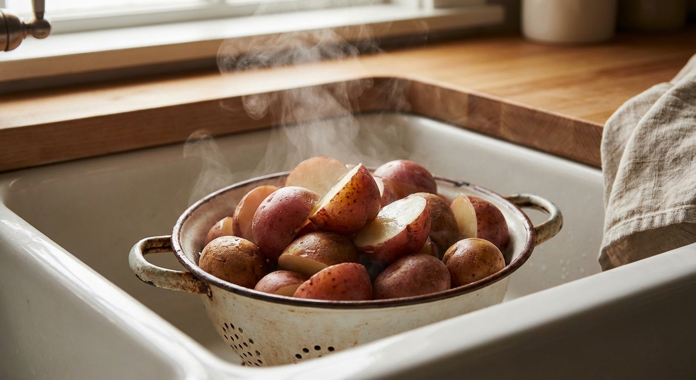 A close-up photo of halved red potatoes steaming in a colander after being drained in the sink