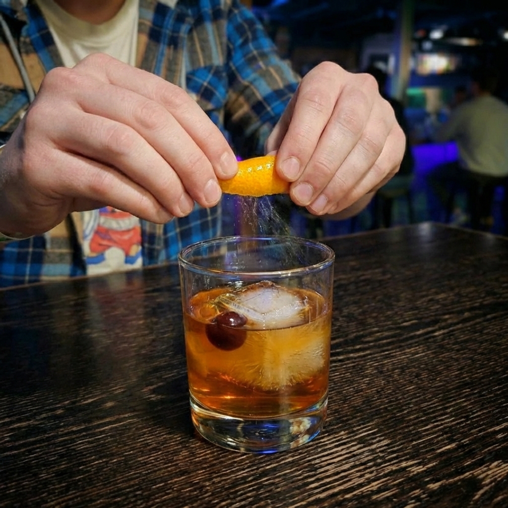 A close-up photo of hands expressing an orange peel over an Old Fashioned in a rocks glass with a large ice cube