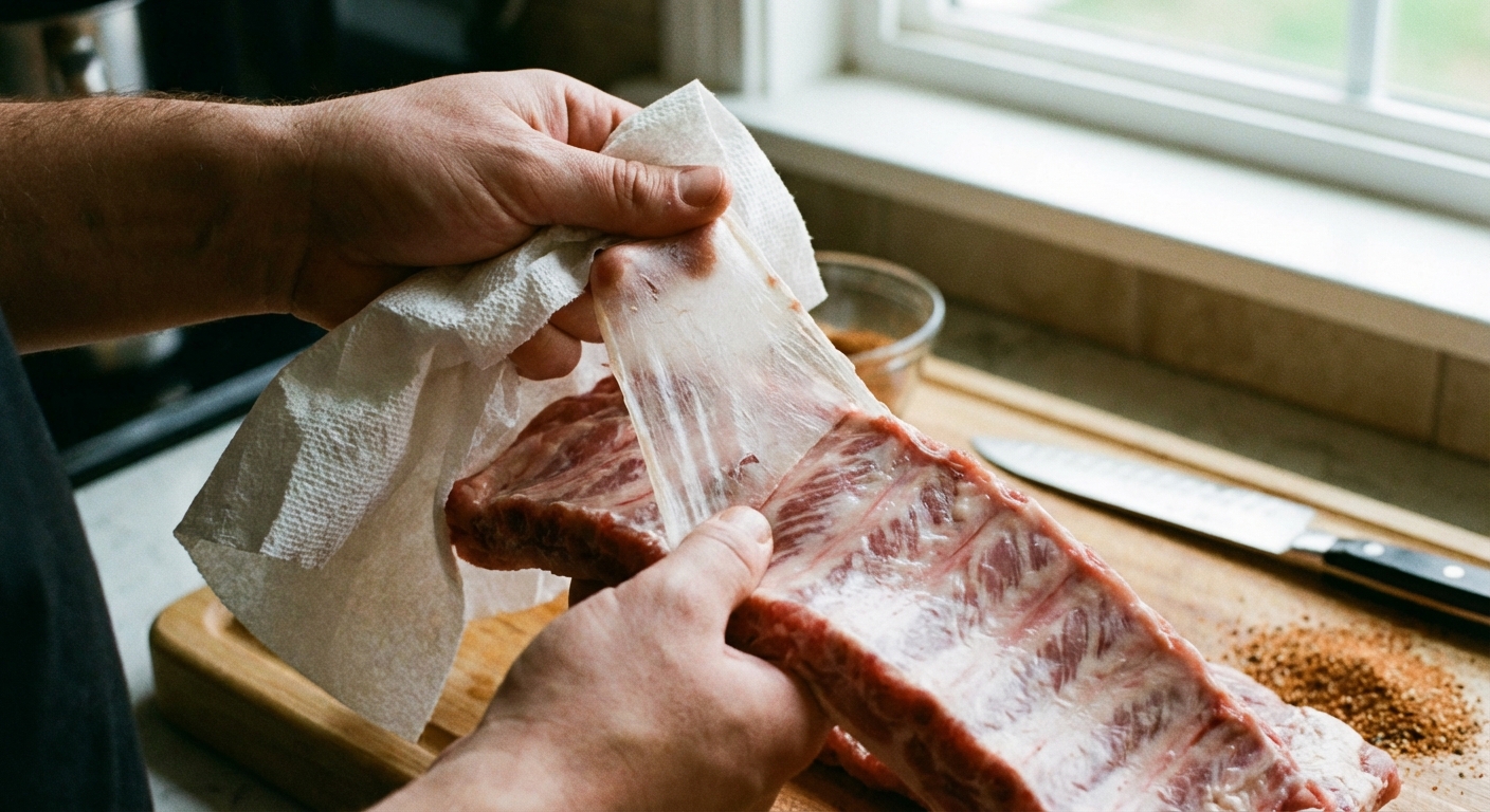 A close-up photo of hands peeling the thin membrane from the back of a rack of pork ribs using a paper towel