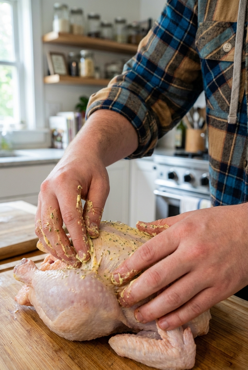 A close-up photo of hands rubbing a spice butter under the skin of a raw whole chicken on a cutting board