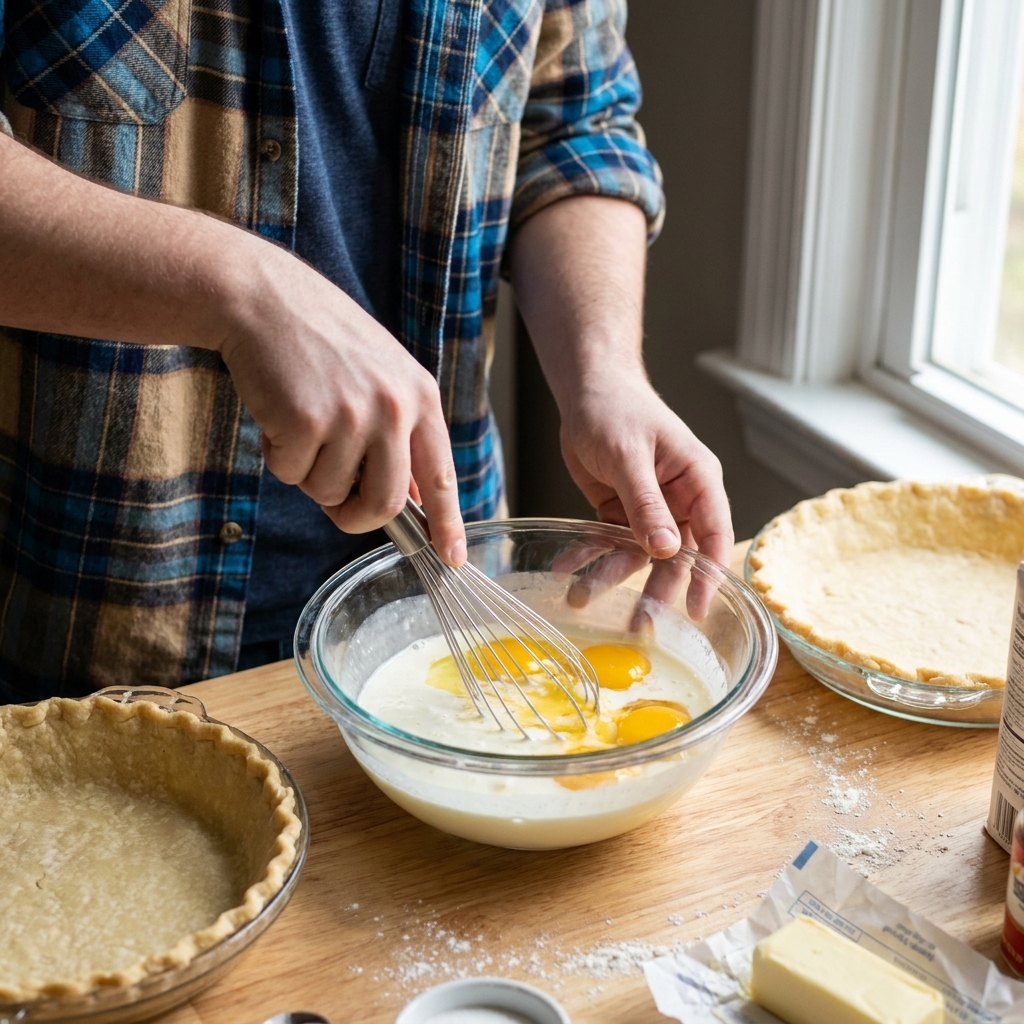 A close-up photo of hands whisking eggs and cream in a glass mixing bowl on a kitchen counter with a pie crust nearby