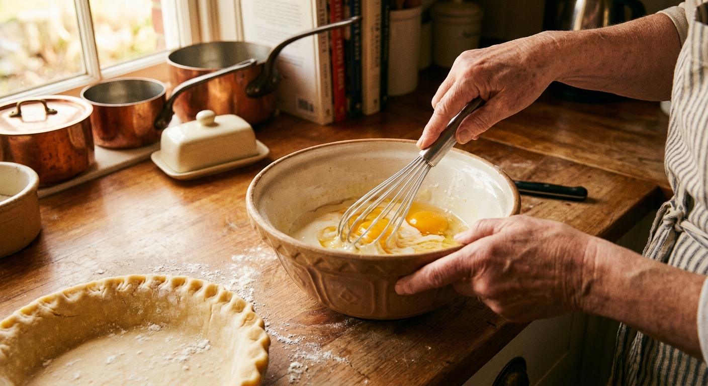 A close-up photo of hands whisking eggs and cream in a mixing bowl on a kitchen counter with a pie crust nearby, warm home kitchen lighting