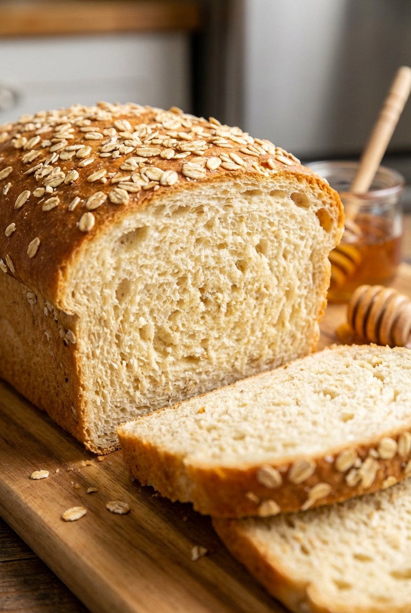 A close-up photo of honey oat bread sliced to show a soft, fluffy crumb with oats scattered on the crust