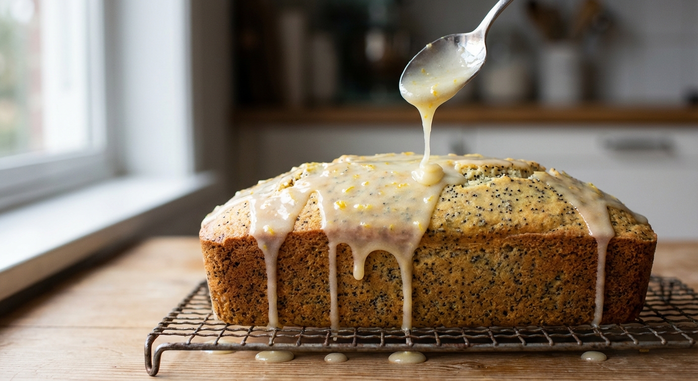 A close-up photo of lemon glaze being drizzled from a spoon over a cooled lemon poppy seed loaf on a wire rack, soft natural light, shallow depth of field