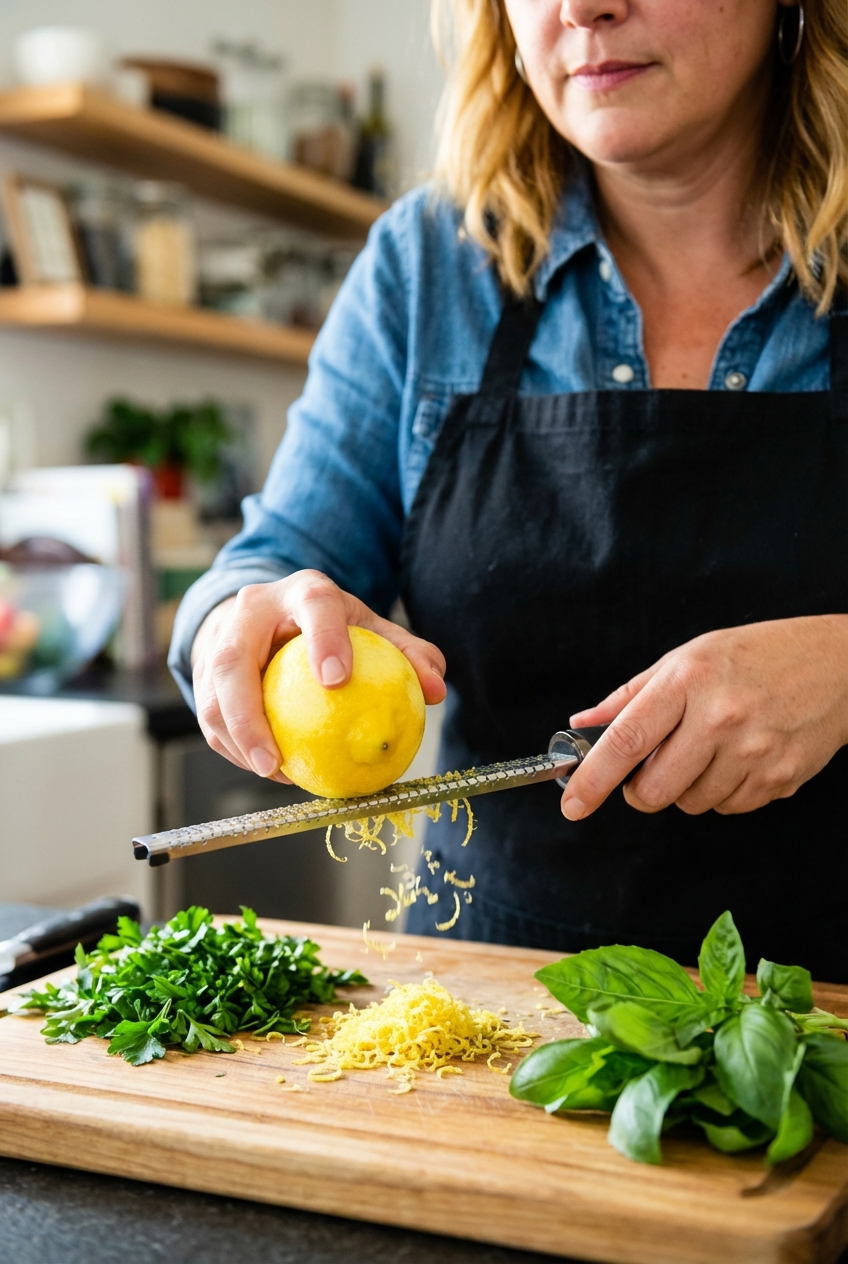 A close-up photo of lemon zest being grated over a cutting board with fresh parsley and basil nearby