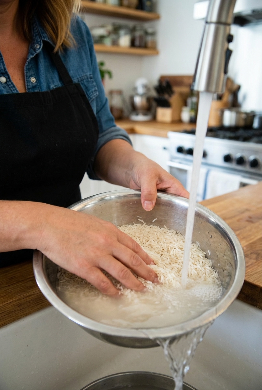 A close-up photo of long-grain basmati rice being rinsed in a bowl until the water runs clearer
