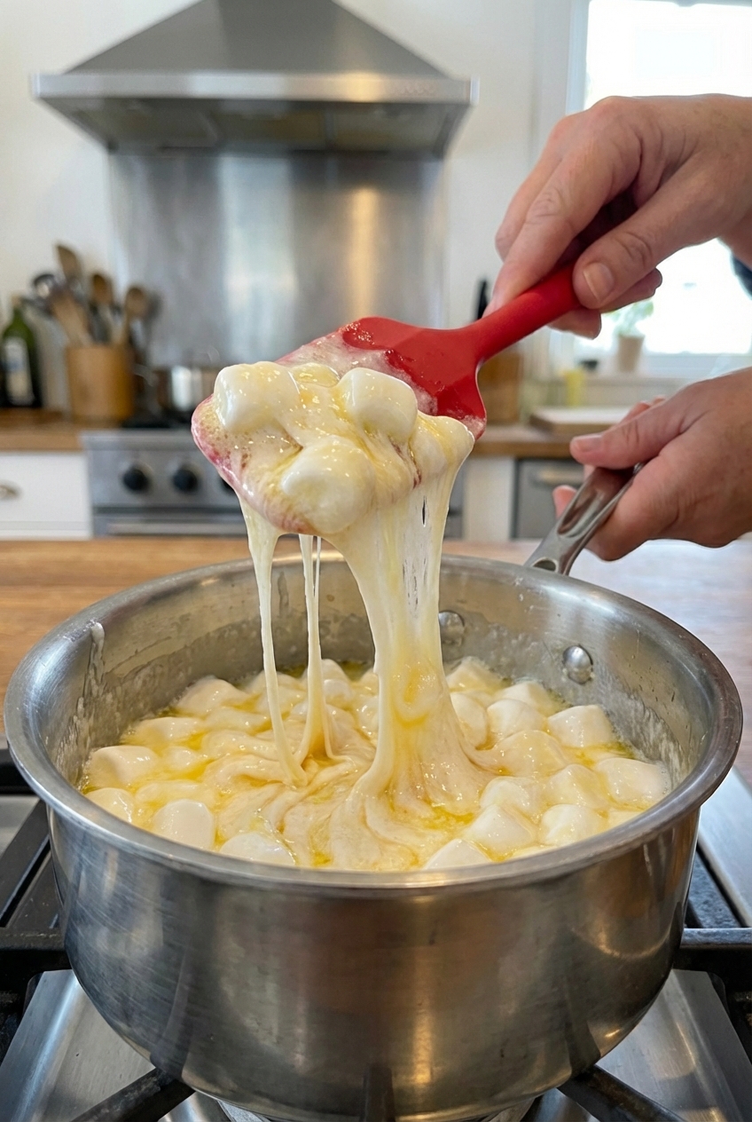 A close-up photo of marshmallows melting in a saucepan with butter, stirred with a silicone spatula