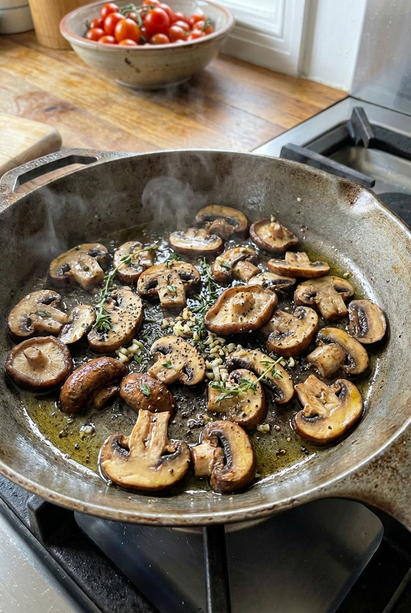 A close-up photo of mushrooms browning in a skillet with spices and a sheen of olive oil