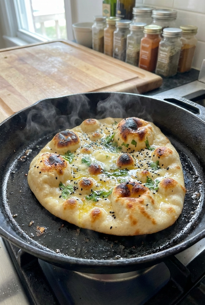 A close-up photo of naan bread bubbling and blistering in a hot cast iron skillet