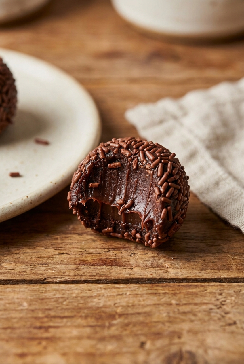 A close-up photo of one brigadeiro bitten in half showing a soft, fudgy center