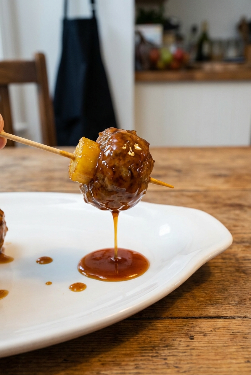A close-up photo of one pineapple meatball on a toothpick with glossy sauce dripping back onto the platter