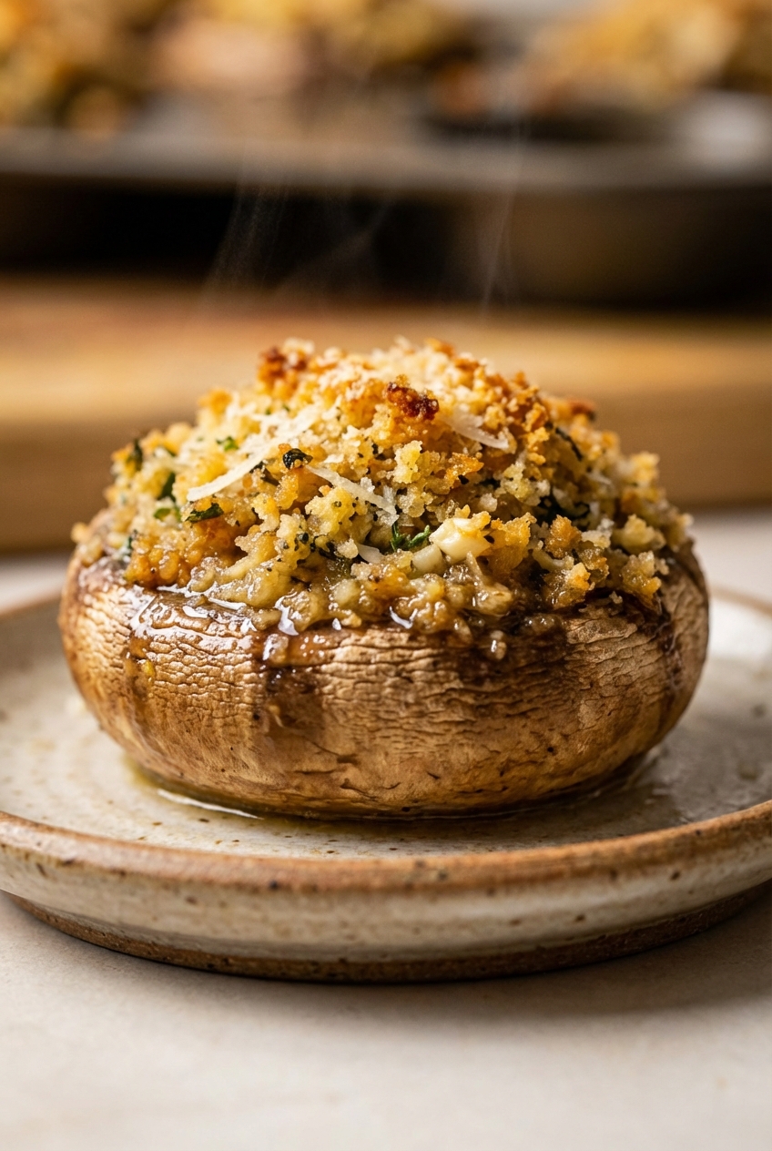 A close-up photo of one stuffed mushroom showing a crisp breadcrumb topping and juicy mushroom cap