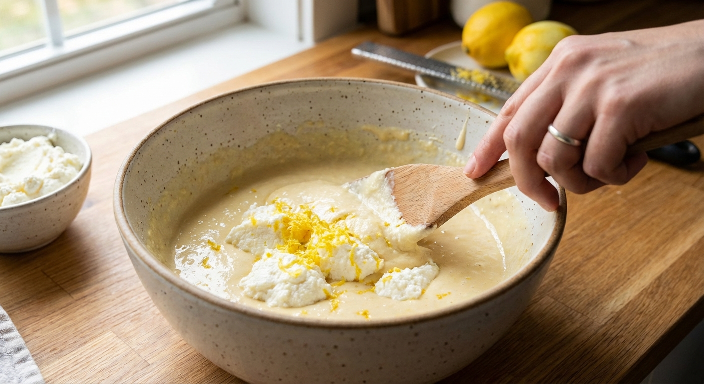 A close-up photo of pancake batter with ricotta and lemon zest being folded in a mixing bowl