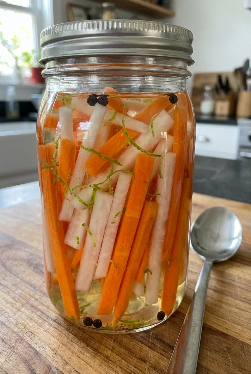 A close-up photo of quick-pickled carrots and daikon in a glass jar with visible lime zest and a spoon resting beside it