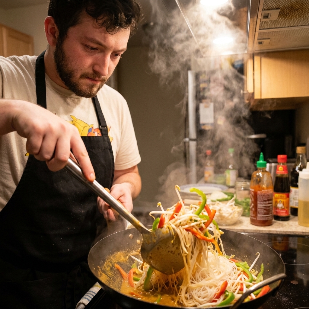 A close-up photo of rice vermicelli being tossed in a hot wok with curry sauce, bean sprouts, and sliced peppers, with steam rising