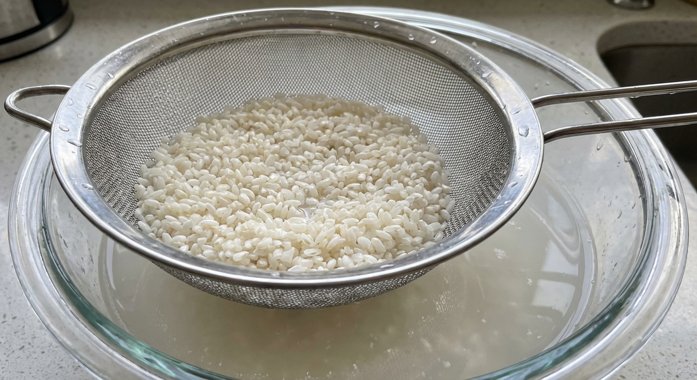 A close-up photo of rinsed short-grain rice in a fine mesh strainer over a bowl with cloudy water beneath