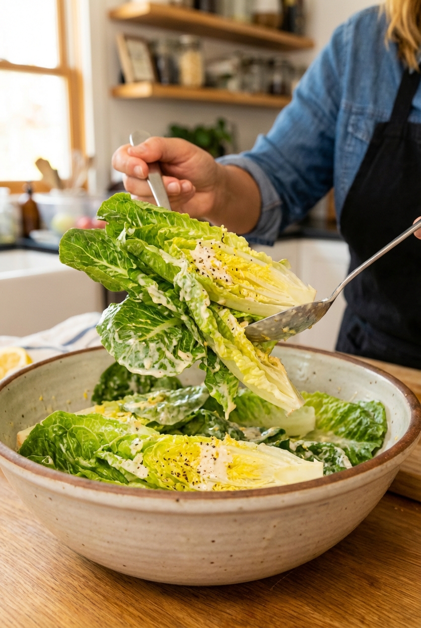 A close-up photo of romaine lettuce being tossed in a bowl with creamy citrus Caesar dressing