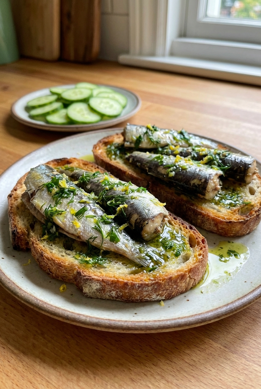 A close-up photo of sardines on toasted bread with lemon herb oil glistening and cucumber slices in the background