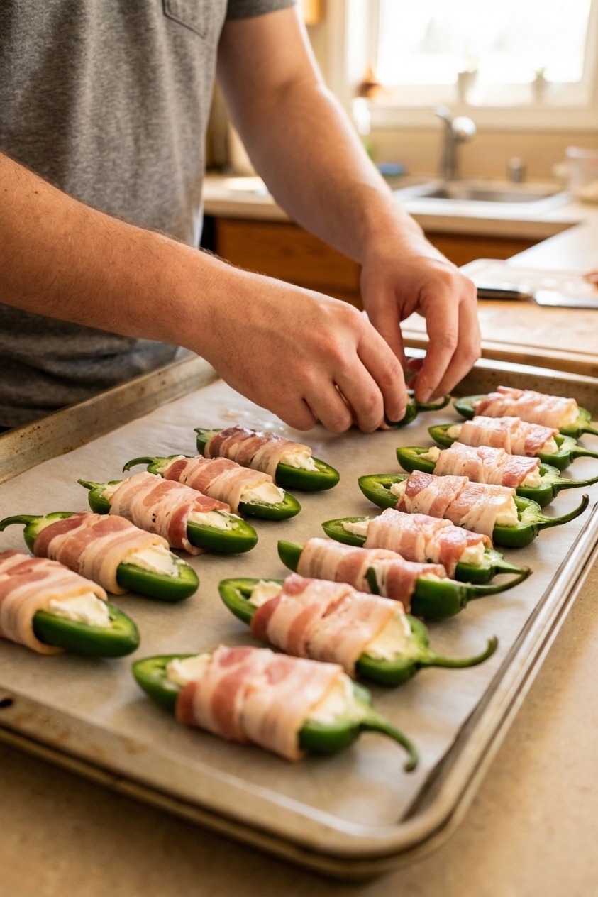 A close up photo of several halved jalapeños stuffed with cream cheese filling and wrapped in bacon, arranged in neat rows on a parchment lined baking sheet before baking