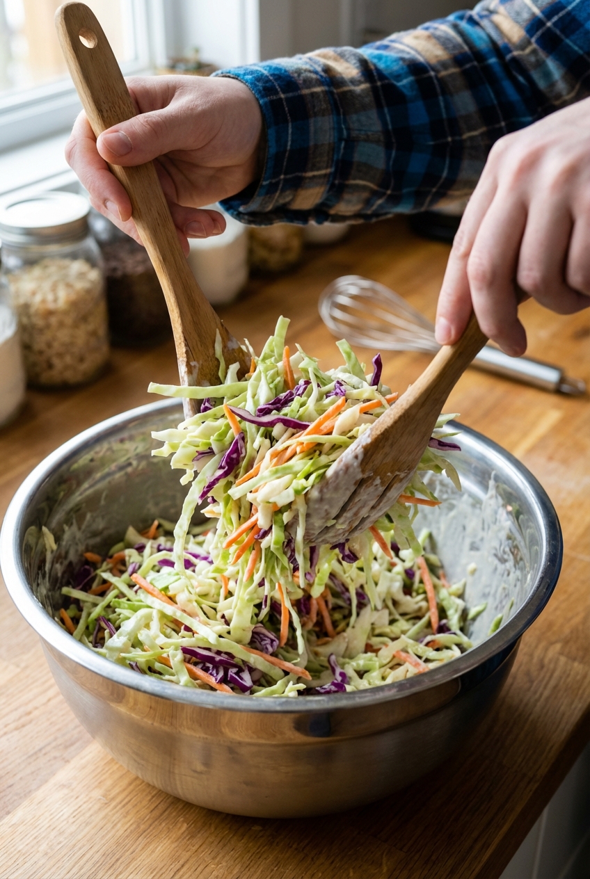 A close-up photo of shredded cabbage and carrots being tossed with creamy dressing in a large mixing bowl