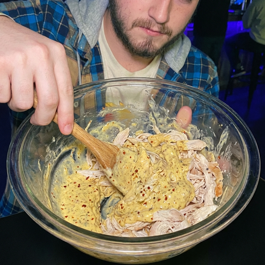 A close-up photo of shredded chicken being mixed with a creamy spiced dressing in a glass bowl