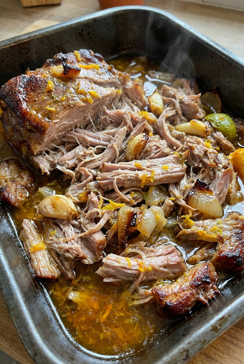 A close-up photo of shredded citrus pork in a roasting pan with visible garlic, onion, and glossy pan juices