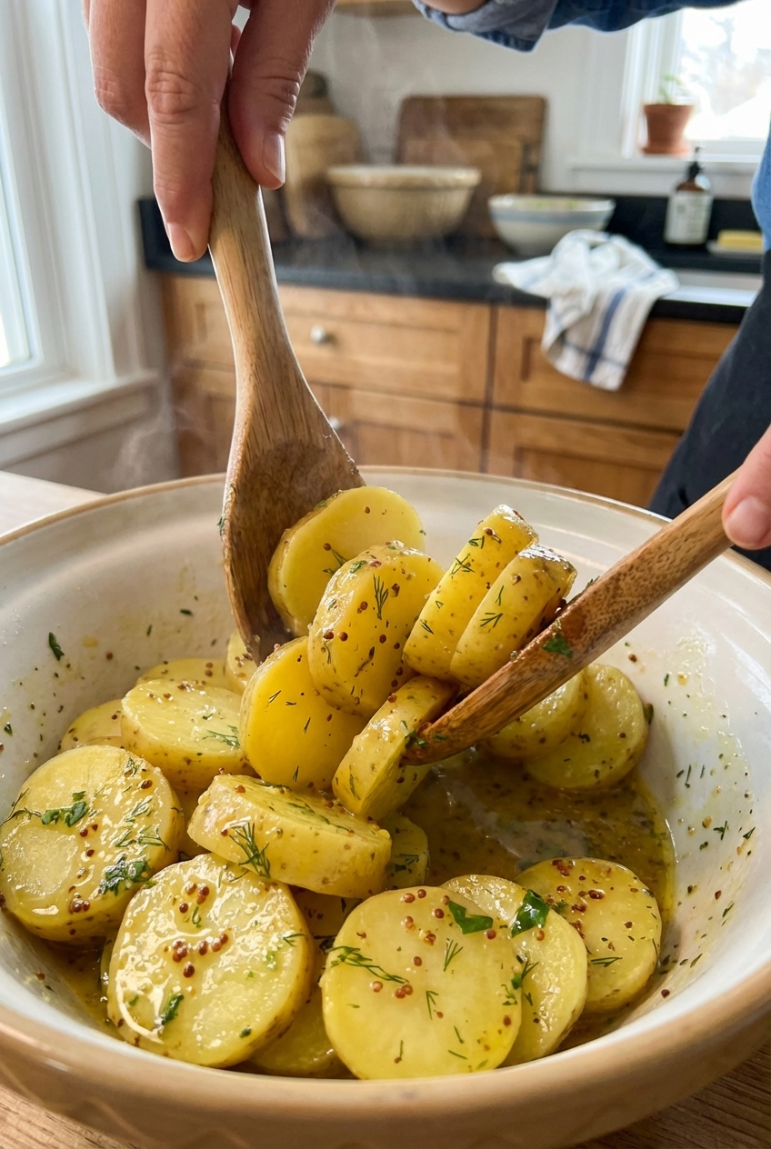A close-up photo of sliced yellow potatoes being tossed in a warm mustard vinaigrette in a large mixing bowl