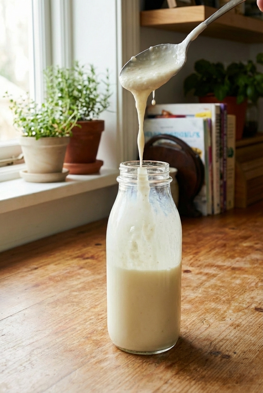 A close-up photo of thick cultured buttermilk dripping from a spoon back into a glass jar on a kitchen counter