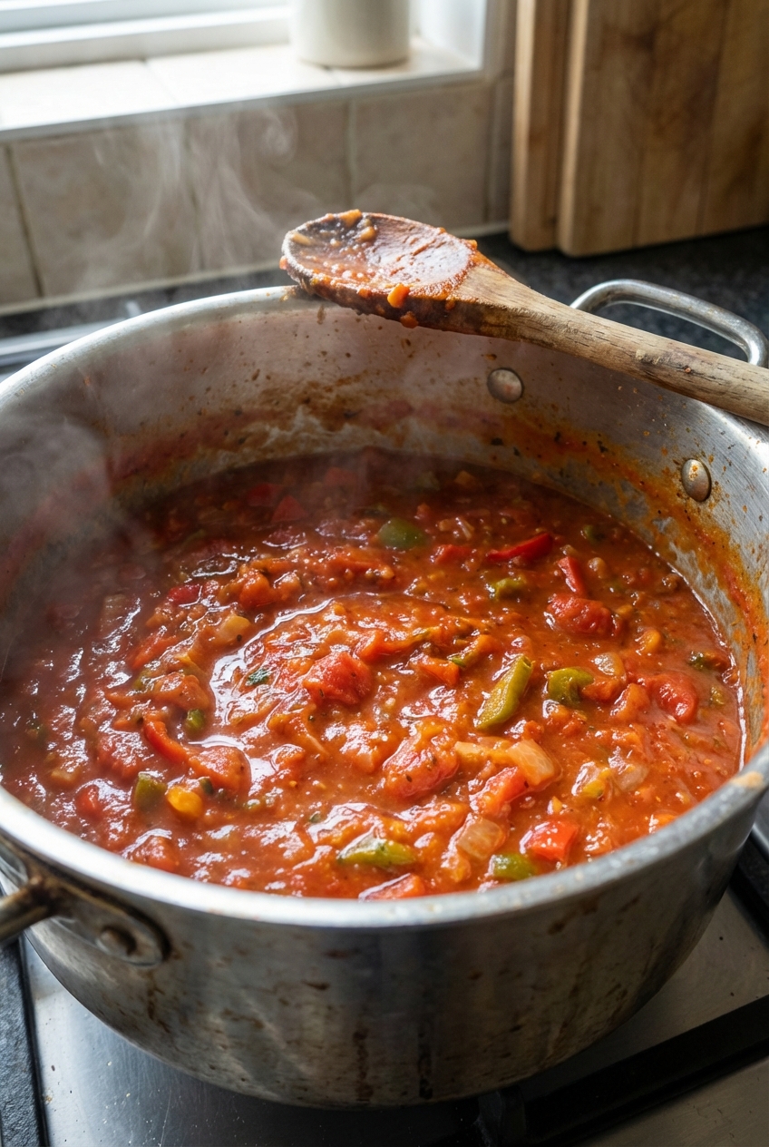 A close-up photo of tomato and pepper sauce simmering in a pot with a wooden spoon resting on the rim