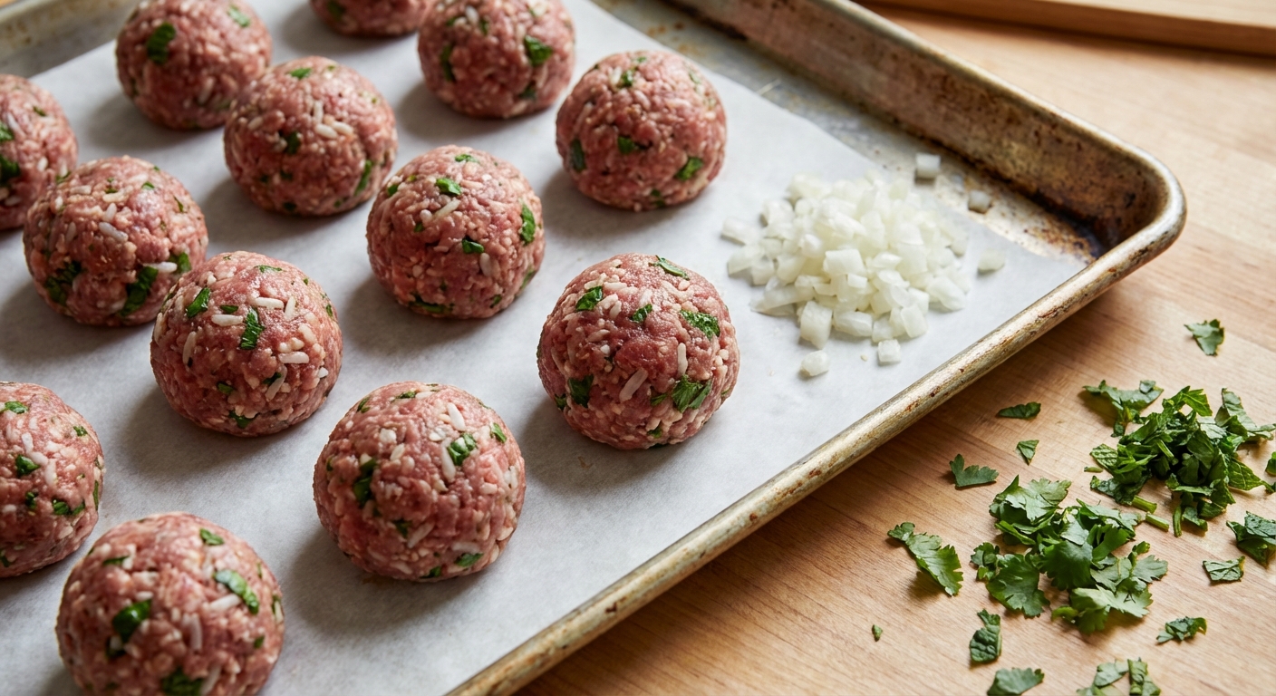 A close-up photo of uncooked albondigas meatballs on a parchment-lined baking sheet with chopped onion and herbs nearby