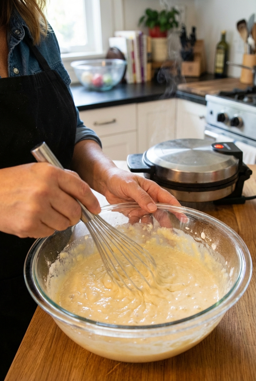 A close-up photo of waffle batter being whisked in a glass mixing bowl on a countertop with a waffle maker heating in the background
