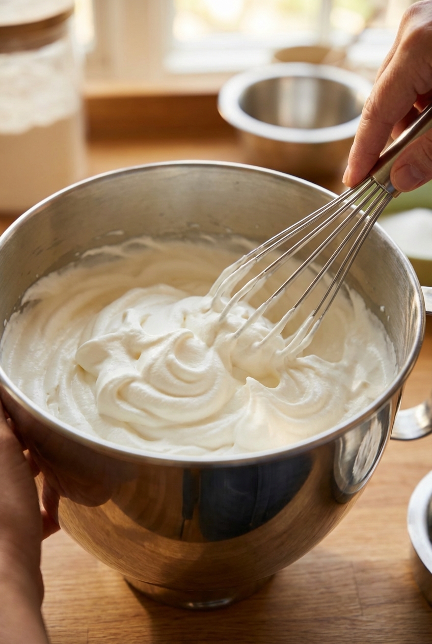 A close-up photo of whipped cream forming soft peaks in a stainless steel bowl