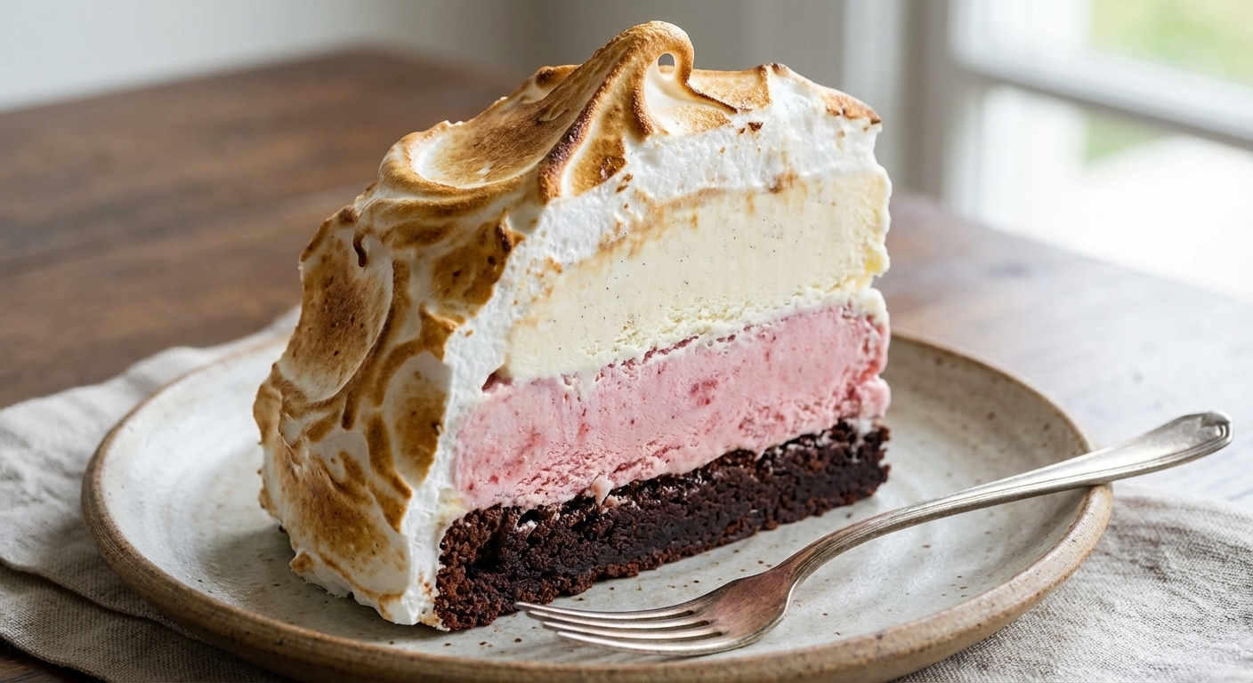 A close-up photograph of a baked Alaska slice on a dessert plate showing distinct layers of toasted meringue, vanilla and strawberry ice cream, and a fudgy brownie base