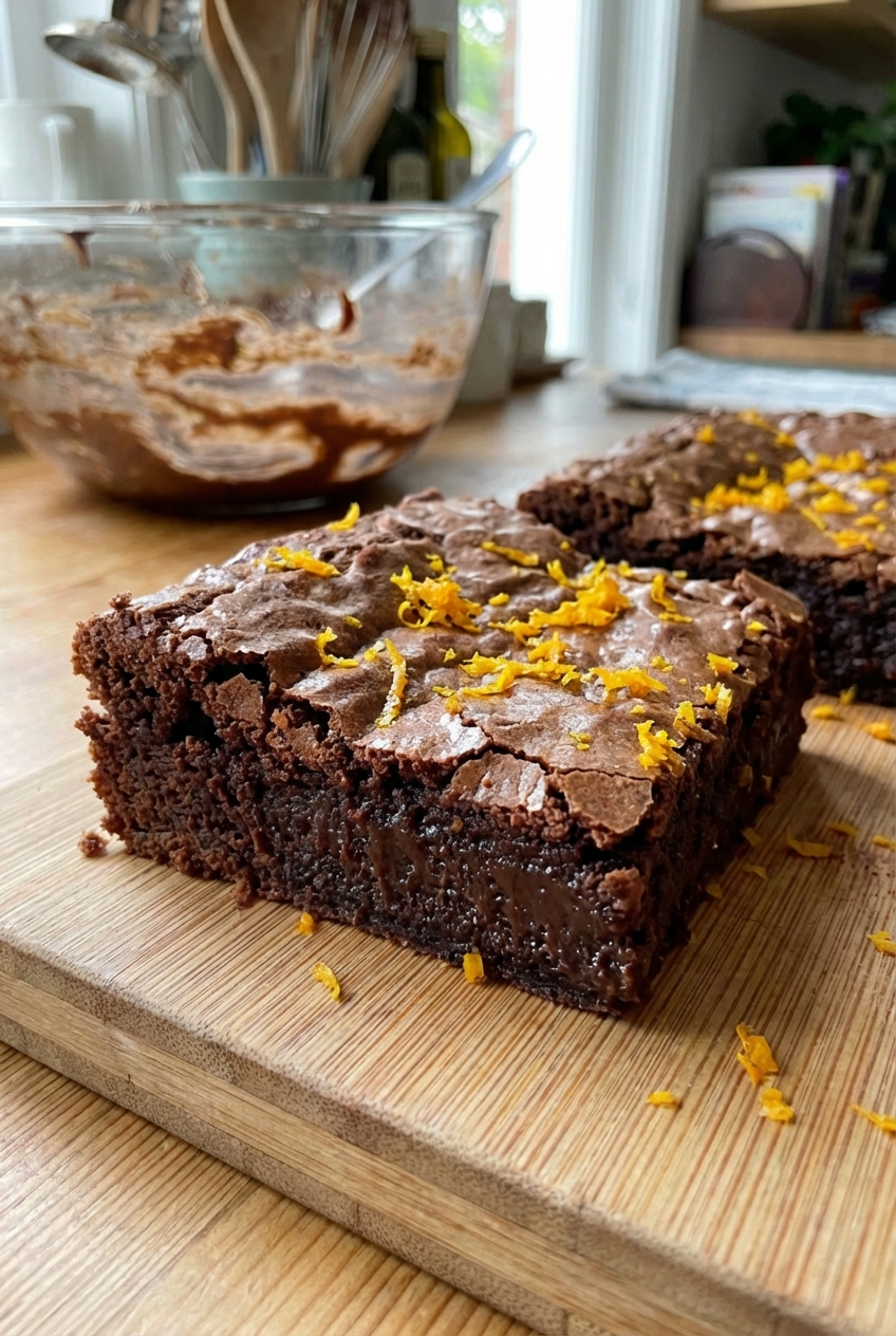 A close-up photograph of a brownie square showing a fudgy center and crisp top, with orange zest on top