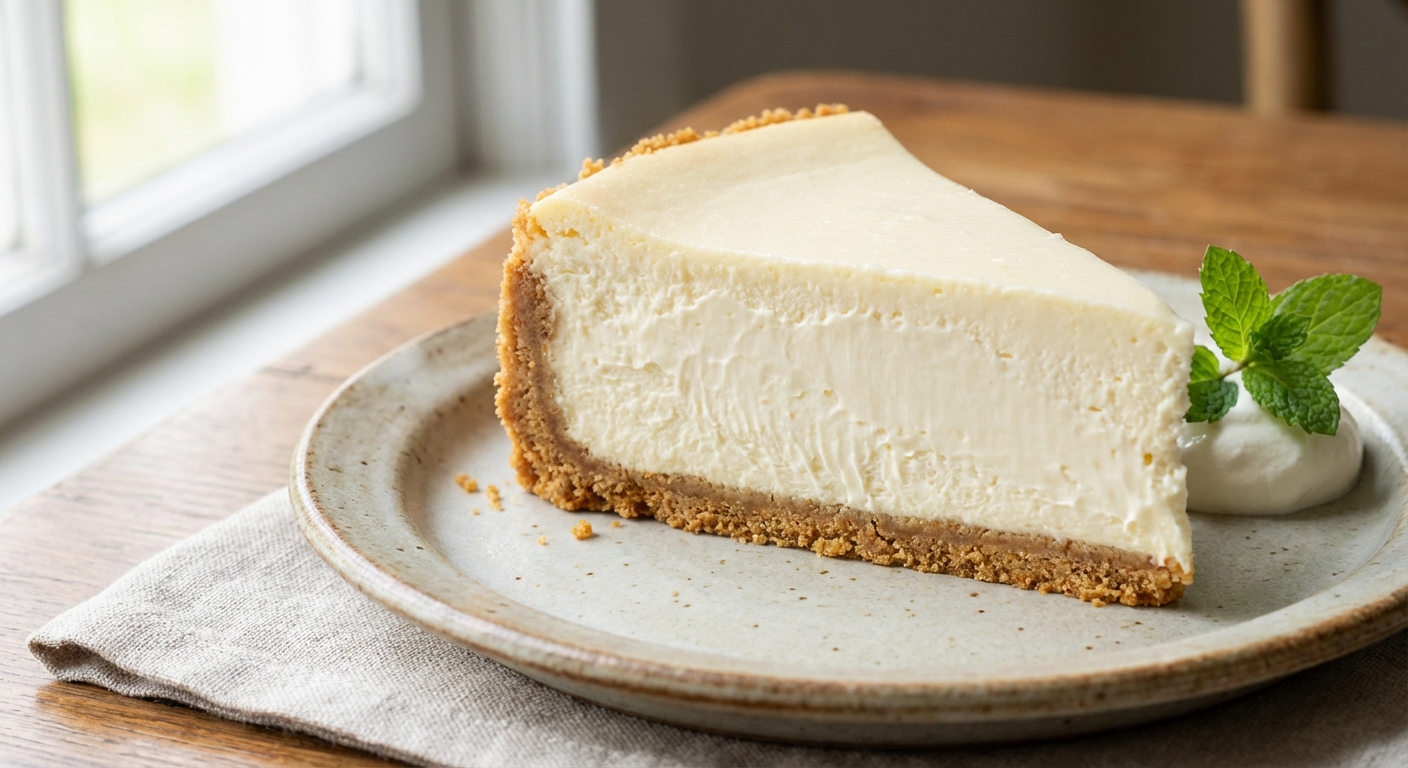 A close-up photograph of a cheesecake slice showing a smooth creamy interior and a golden graham cracker crust