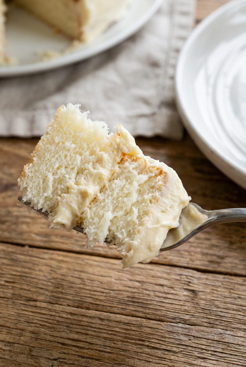 A close-up photograph of a fork lifting a bite of white cake with vanilla frosting, showing a soft, fine crumb