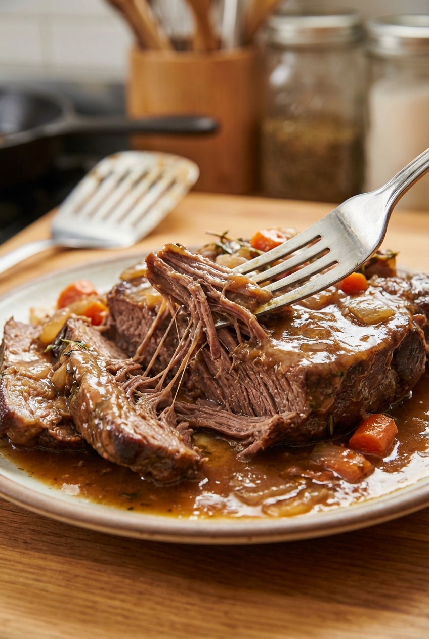 A close-up photograph of a fork pulling apart a slice of pot roast showing tender strands and glossy gravy