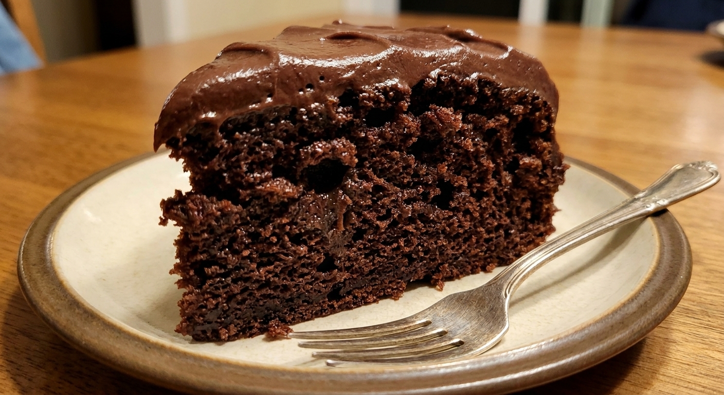 A close-up photograph of a frosted sourdough chocolate cake slice showing a moist crumb on a dessert plate with a fork beside it, warm indoor lighting