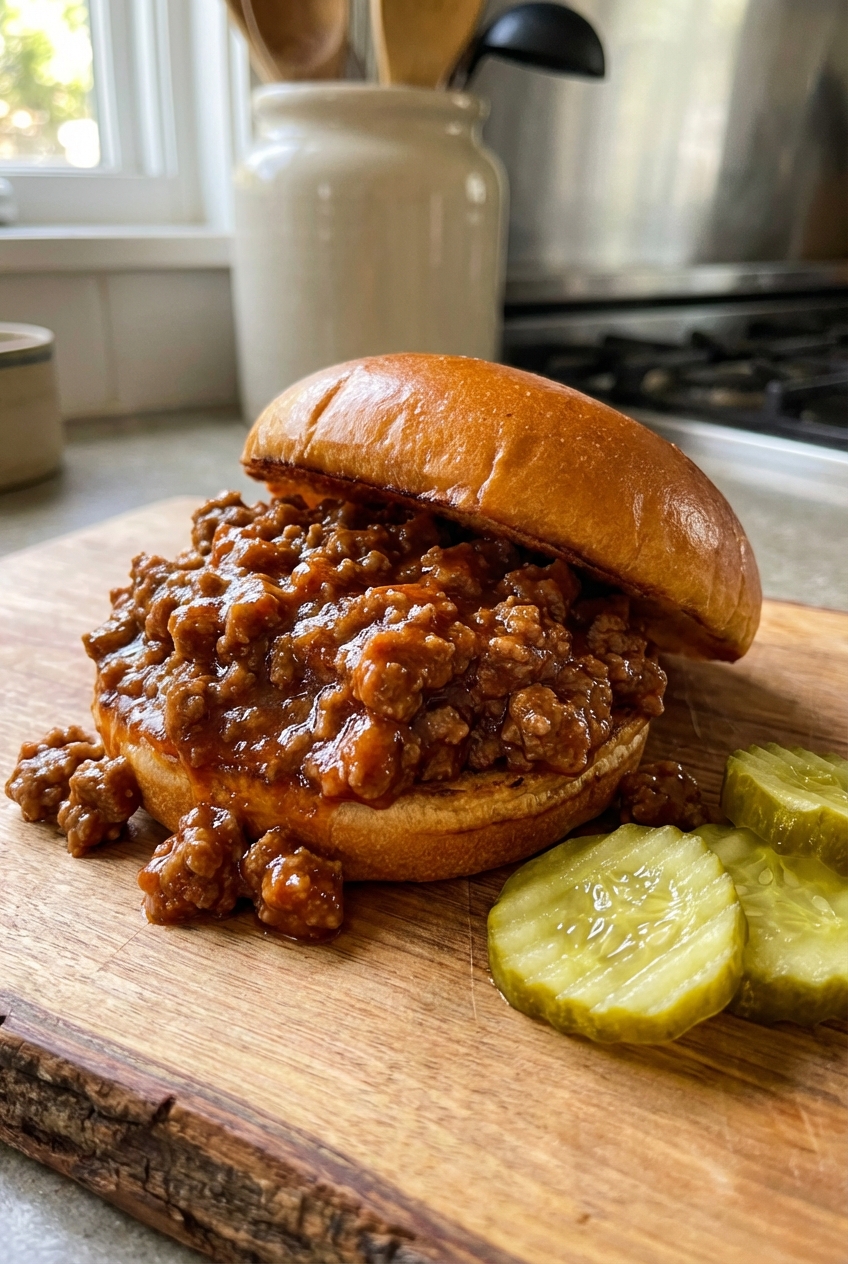 A close-up photograph of a glossy, saucy sloppy joe piled onto a toasted bun with pickles on the side
