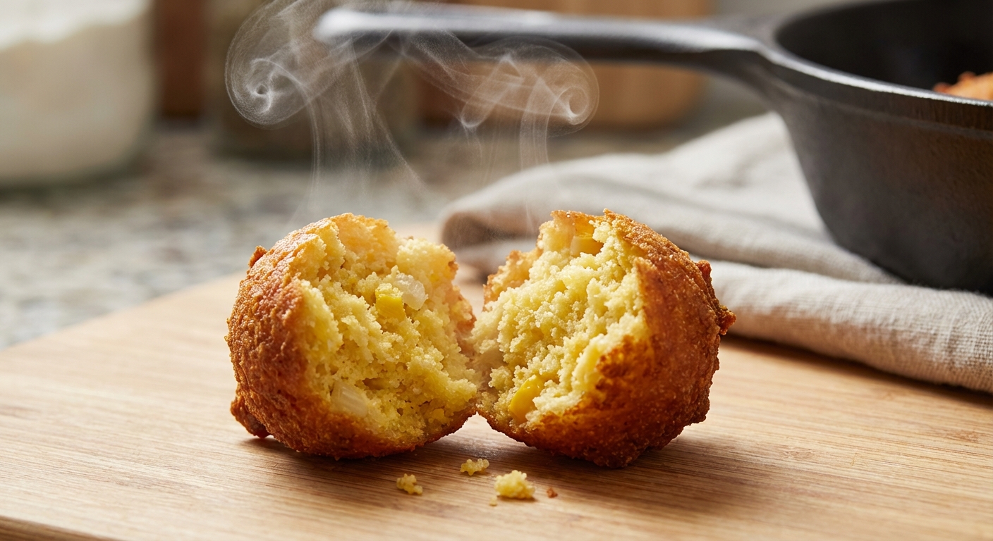 A close-up photograph of a hush puppy split open to show a fluffy cornmeal interior with steam rising