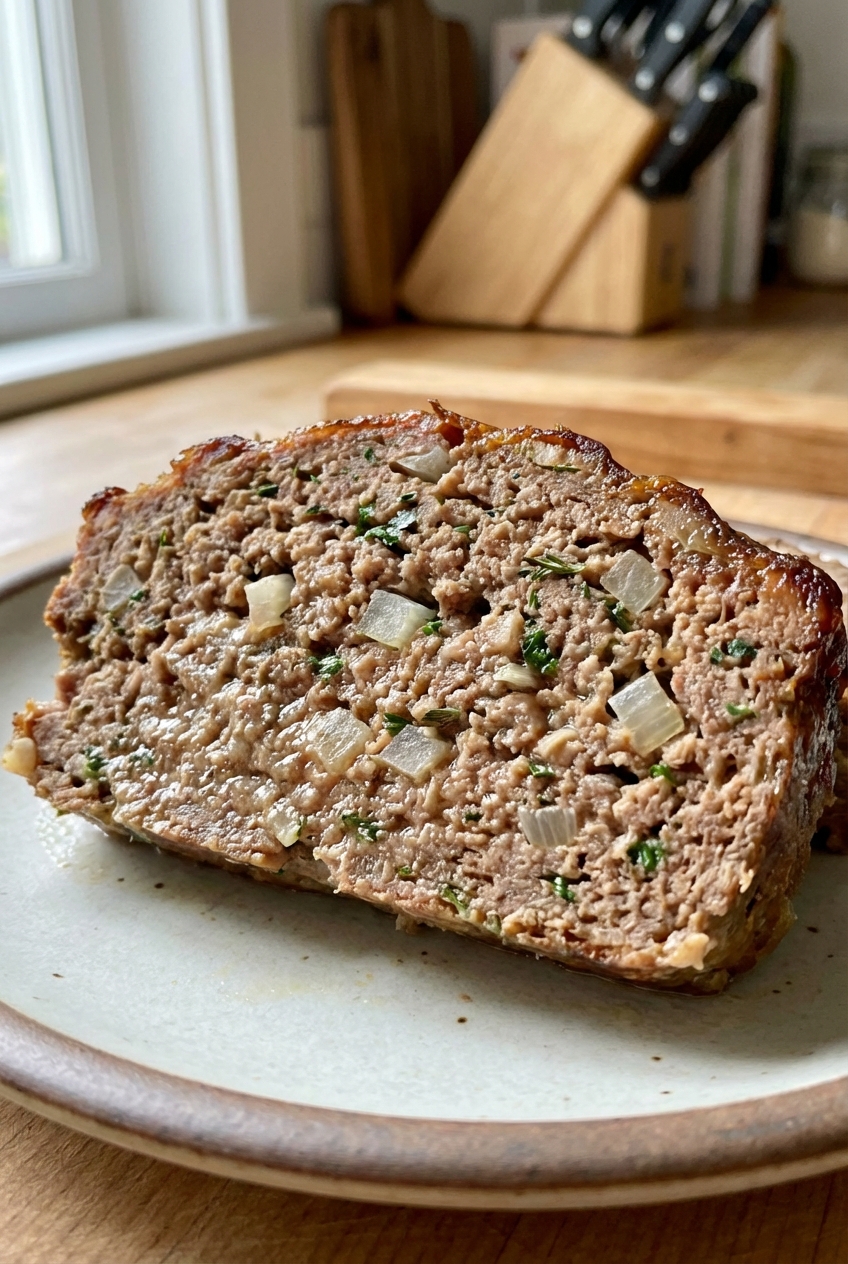 A close-up photograph of a meatloaf slice showing a moist interior with visible onion and herbs