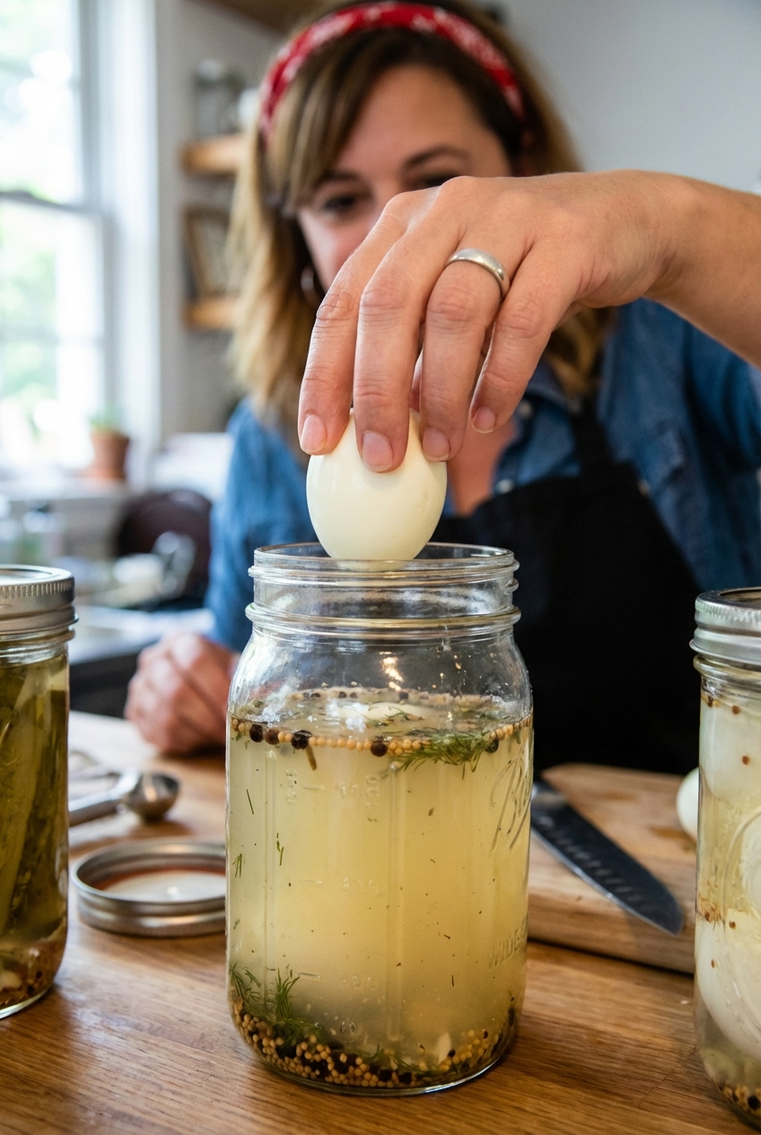 A close-up photograph of a peeled hard-boiled egg being lowered into a jar of pickling brine